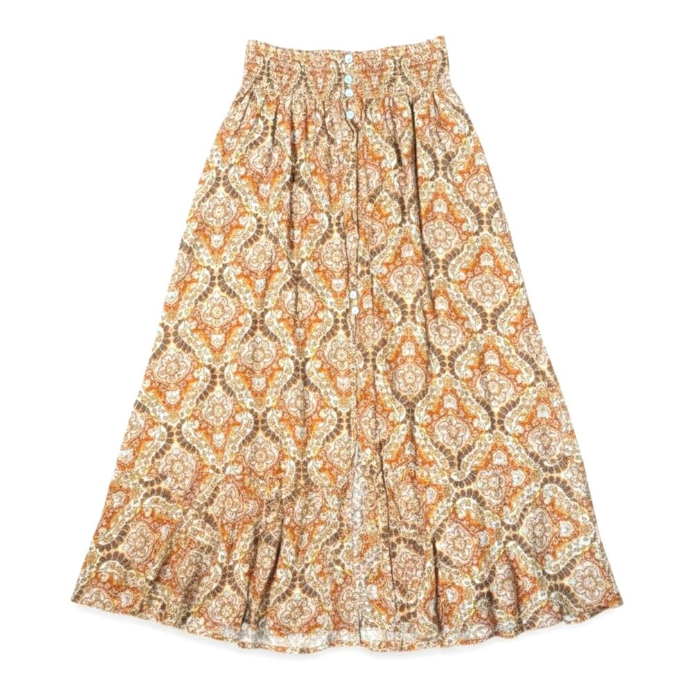 Rachel Zoe Maxi Skirt Medium Rust Orange Paisley Boho Smocked Waist Buttons - Picture 2 of 5
